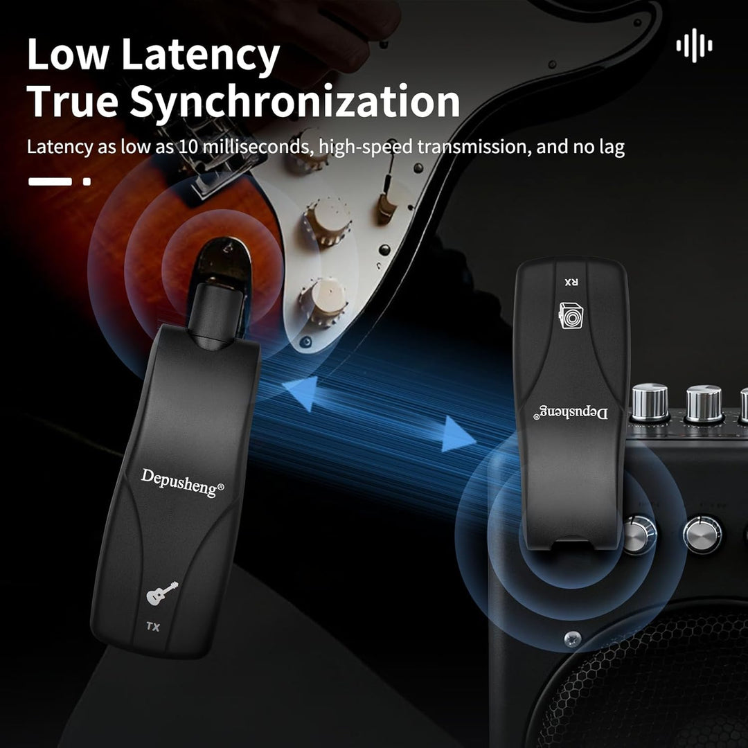 Depusheng GT1 2,4 GHz Drahtloses Gitarrensystem, Stummschalt-Stecker, Empfanger + 2 Sender, 10h Akku
