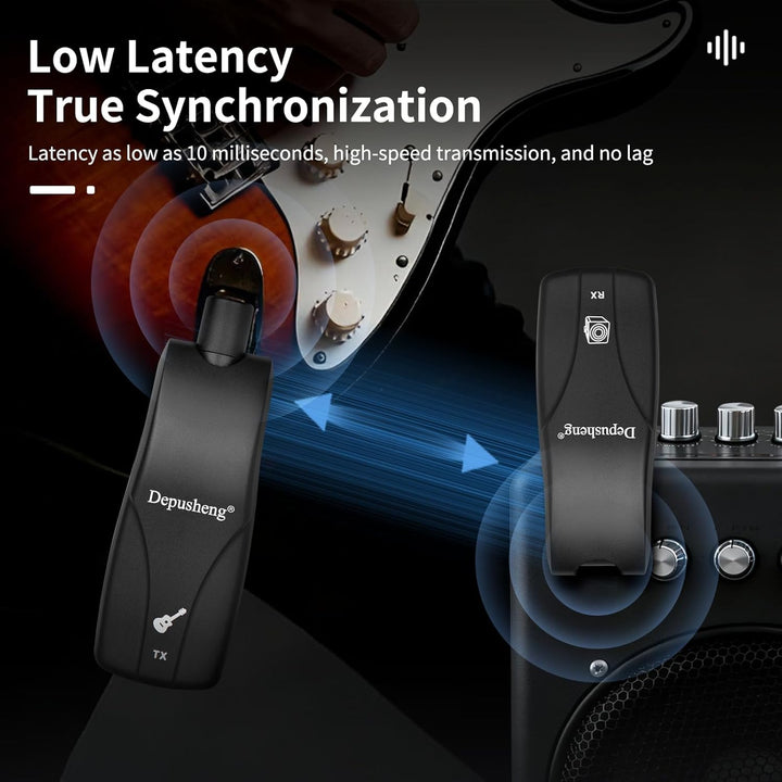 Depusheng GT1 2,4 GHz Drahtloses Gitarrensystem, Stummschalt-Stecker, Empfanger + 2 Sender, 10h Akku