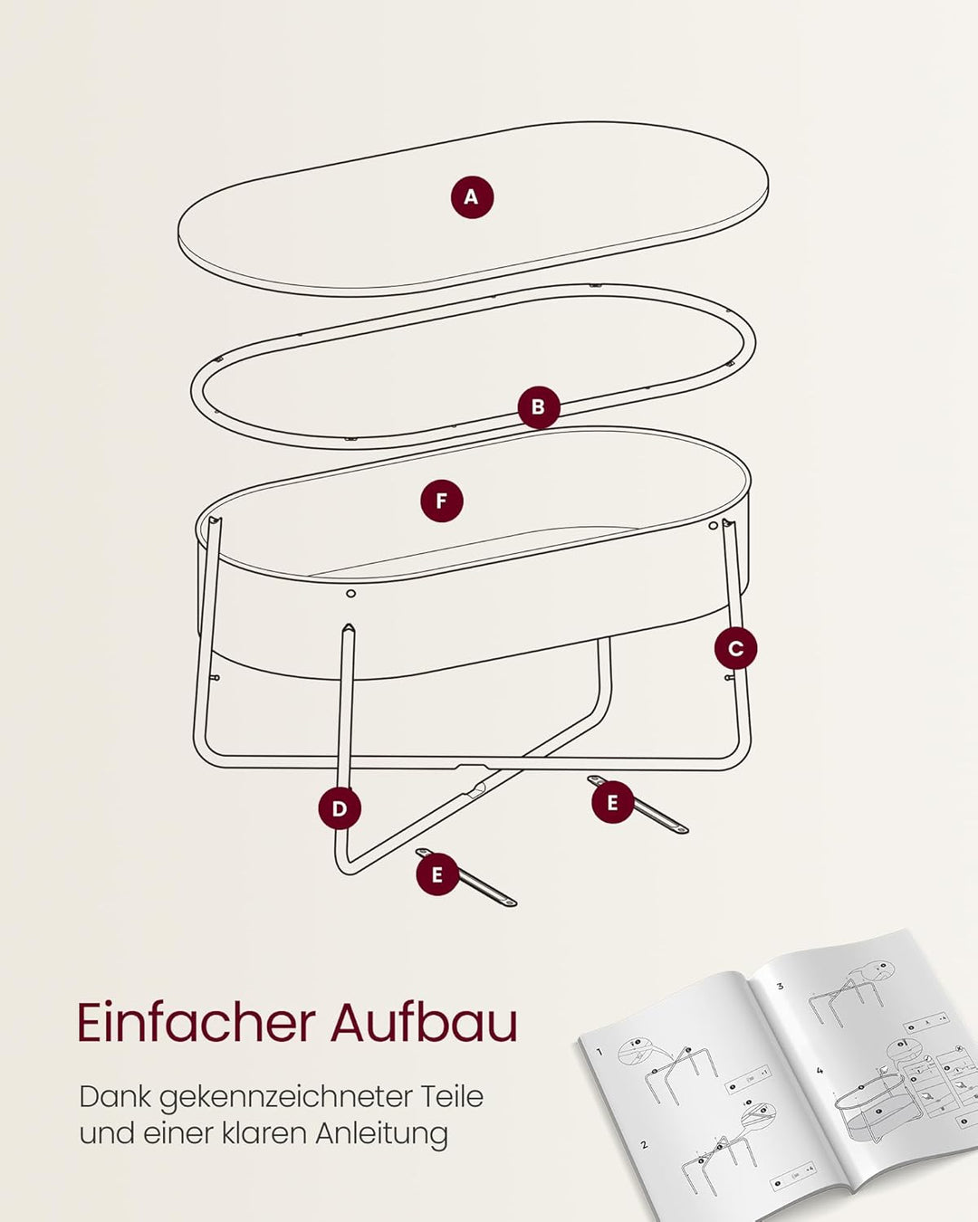 VASAGLE Couchtisch oval, Tisch mit Stauraum, Beistelltisch, Wohnzimmertisch mit Korb aus Stoff, mode