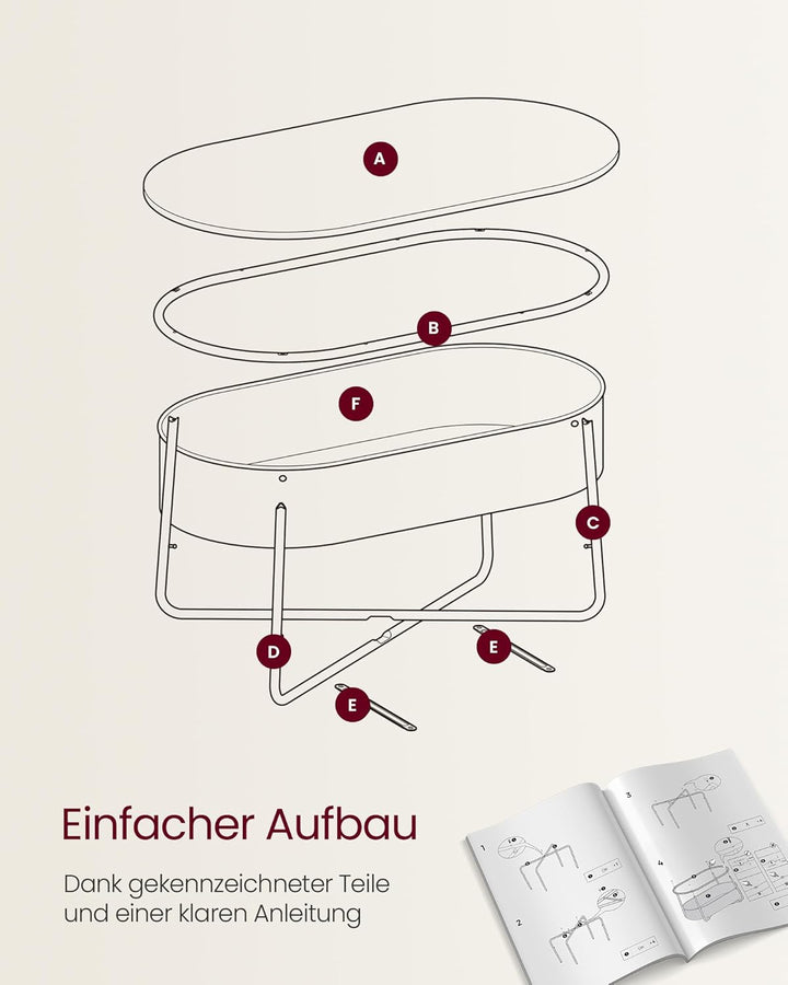 VASAGLE Couchtisch oval, Tisch mit Stauraum, Beistelltisch, Wohnzimmertisch mit Korb aus Stoff, mode