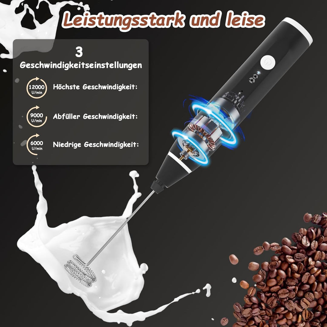 FITNATE Elektrischer Milchaufschäumer Stab, USB Handheld Milchschäumer Stab mit 3 Stufen, 2 Edelstah