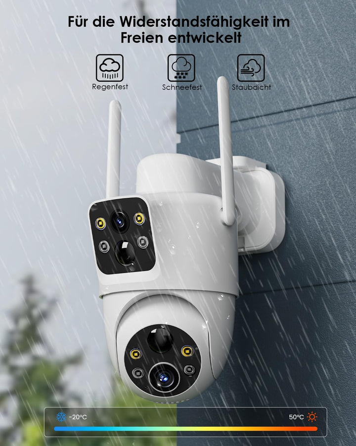 4MP Überwachungskamera Aussen Solar Akku, 360° PTZ Überwachungskamera Aussen, 2.4GHz WLAN Kamera Out