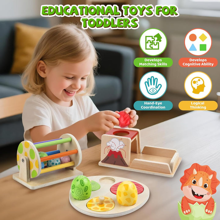 Montessori Holzspielzeug Baby Dinosaurier Ei Spielset ab 6 Monaten, Stapelt und Greifpuzzle, Spinnin
