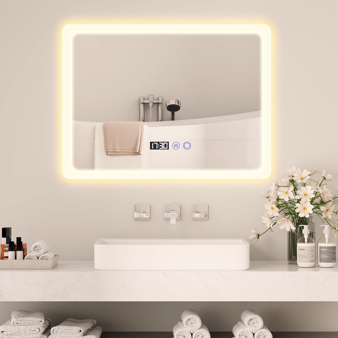 YU YUSING Badspiegel mit Beleuchtung 80x60cm Badezimmerspiegel LED mit 3 Lichtfarben Dimmbar, Beschl