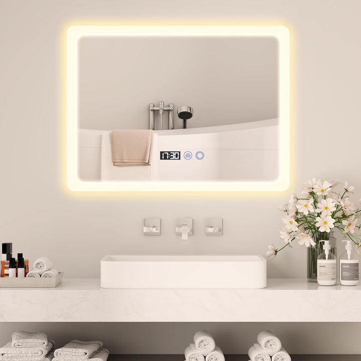 YU YUSING Badspiegel mit Beleuchtung 80x60cm Badezimmerspiegel LED mit 3 Lichtfarben Dimmbar, Beschl
