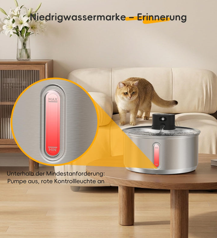 Katzenbrunnen Edelstahl, 5,5 L Trinkbrunnen für Katzen Kabellos, 5000mAh Akku Hunde mit bewegungsmel
