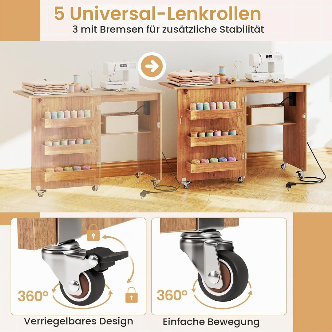 GIANTEX Nähtisch mit Ladestation, Nähmaschinentisch klappbar, Nähschrank mit Rollen, Nähmaschinensch