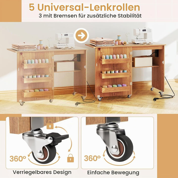 GIANTEX Nähtisch mit Ladestation, Nähmaschinentisch klappbar, Nähschrank mit Rollen, Nähmaschinensch