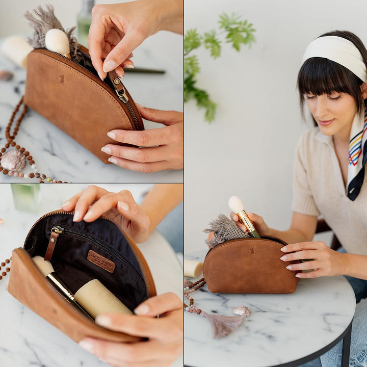 Berliner Bags Vintage Kosmetiktasche Zoe, Kleiner Kulturbeutel, Schminktasche aus Leder, Federmäppch