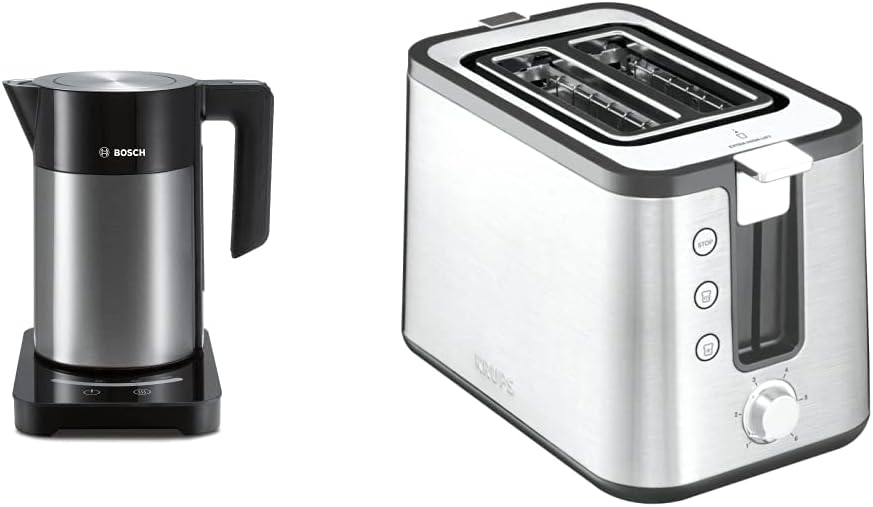 Bosch TWK7203 kabelloser Wasserkocher, Abschaltautomatik, 1,7 L, 2200 W, schwarz & Krups KH442D Cont