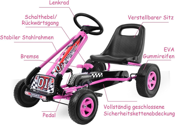 GOPLUS Gokart ab 3-8 Jahre, Kinderfahrzeug mit Verstellbarem Sitz, Tretauto aus Gummireifen, Flexibl