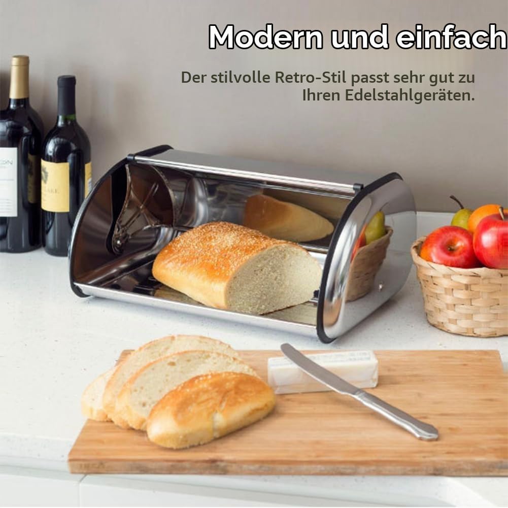 Brotkasten aus Edelstahl, Grosser Metall Brotbox mit Rolldeckel, Silber Brot Aufbewahrungsbox für Kü