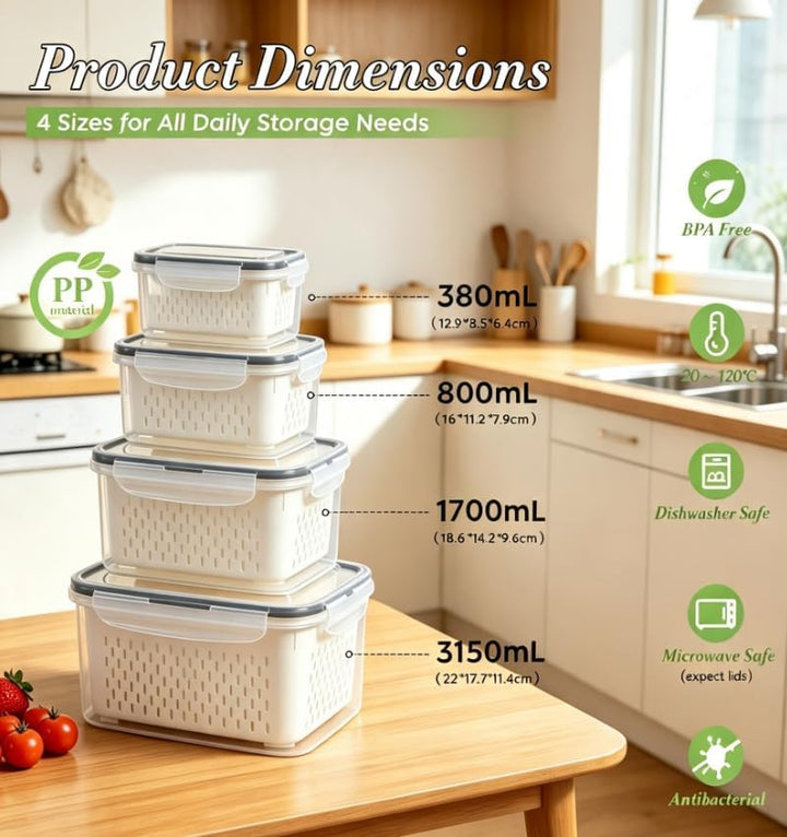efuturetime 4-tlg. Kühlschrank Organizer Frischhaltedosen mit Deckel &amp; Sieb 4pcs-380/800/1700/3150ml