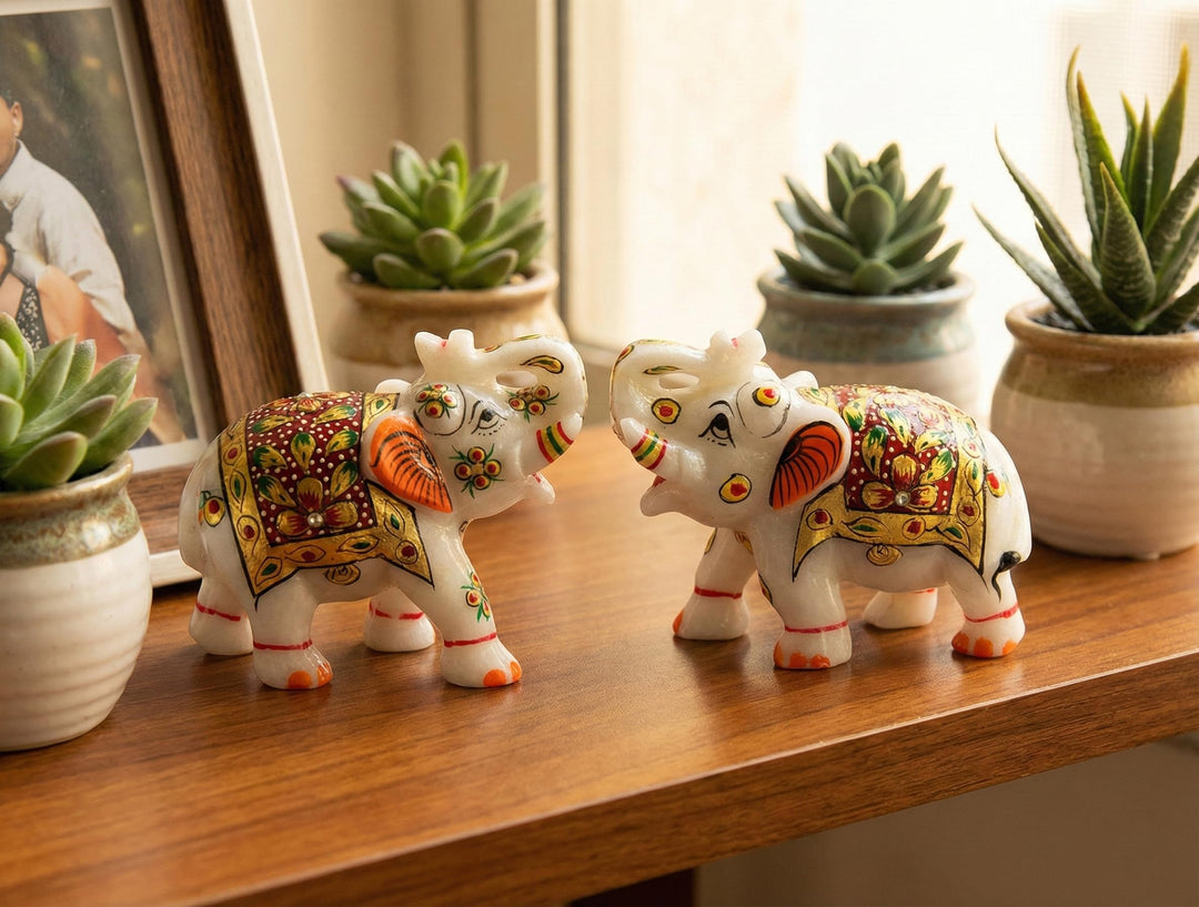 eSplanade Marmor-Elefantenfamilie mit Kalb, Skulptur oder Schaustück, Feng Shui Vastu bringt Glück,