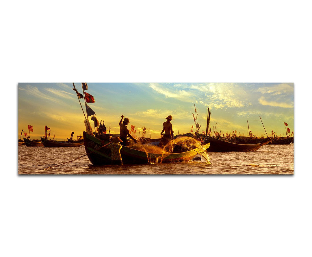 Paul Sinus Art Panoramabild auf Leinwand und Keilrahmen 150x50cm Meer Sonnenaufgang Fischerboote Fis