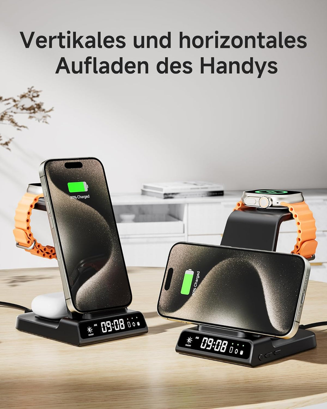 Kabellose Ladestation für Apple, 3 in 1 Kabellose Ladestation mit Digitaluhr, für iPhone 15/14/13/12