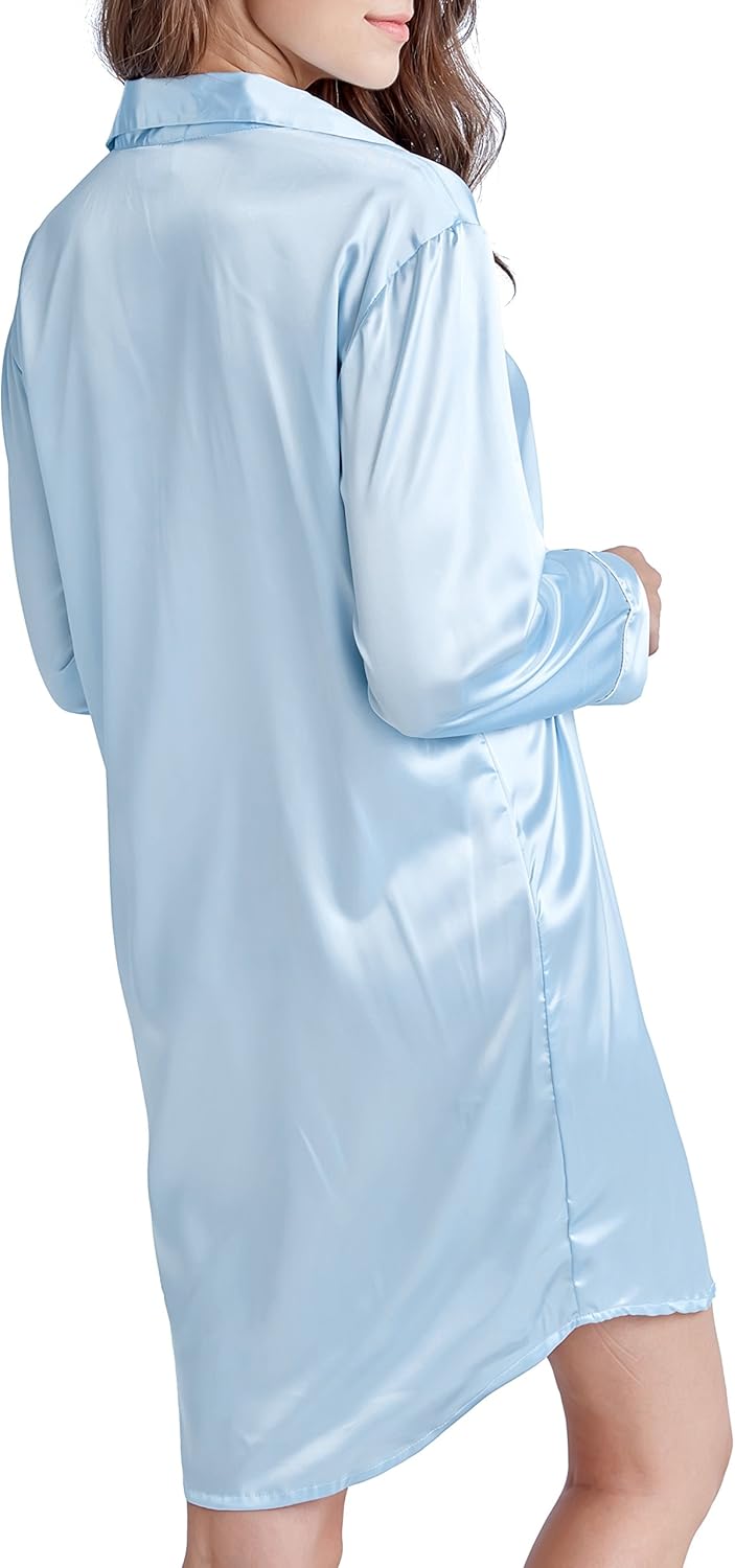 Nachthemd Damen, Satin Nachtkleid Langarm Nachtwäsche mit Knopfleiste Schlafhemd Freizeitkleidung, S