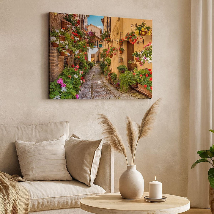 ARTTOR Bilder auf Leinwand 100x70cm Leinwandbild Path Blumen Haus Hof Gross Wanddeko Bild Schlafzimm