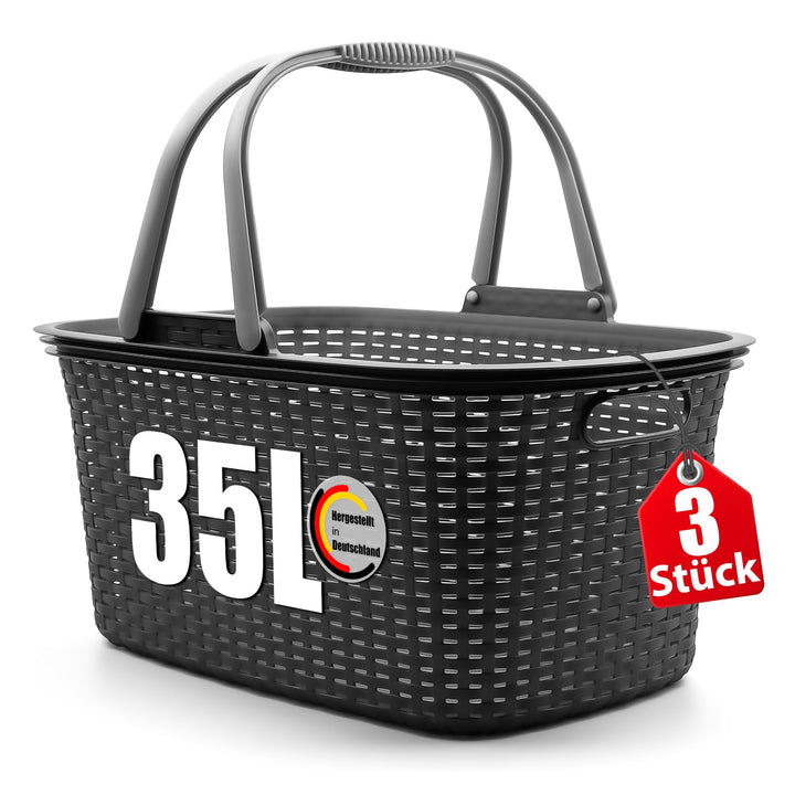 BigDean 3 Stück Wäschekorb mit Henkel 35L Rattan Design – Wäschewanne Made in Germany, 3 Stück