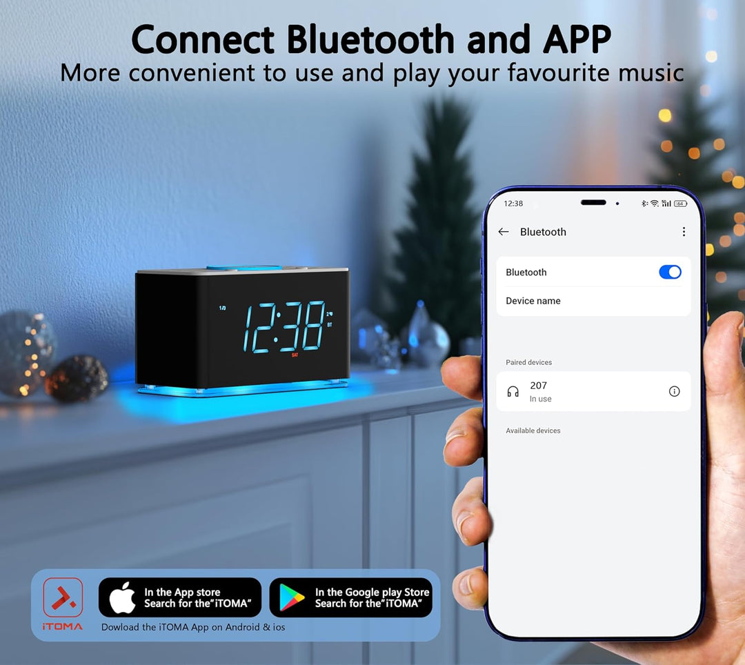 iTOMA Radiowecker, 15 Watt kabellose Ladegerät, APP-Steuerung, Bluetooth, USB-Anschluss, Dual-Alarm,