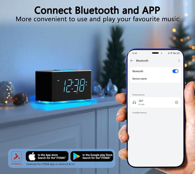iTOMA Radiowecker, 15 Watt kabellose Ladegerät, APP-Steuerung, Bluetooth, USB-Anschluss, Dual-Alarm,