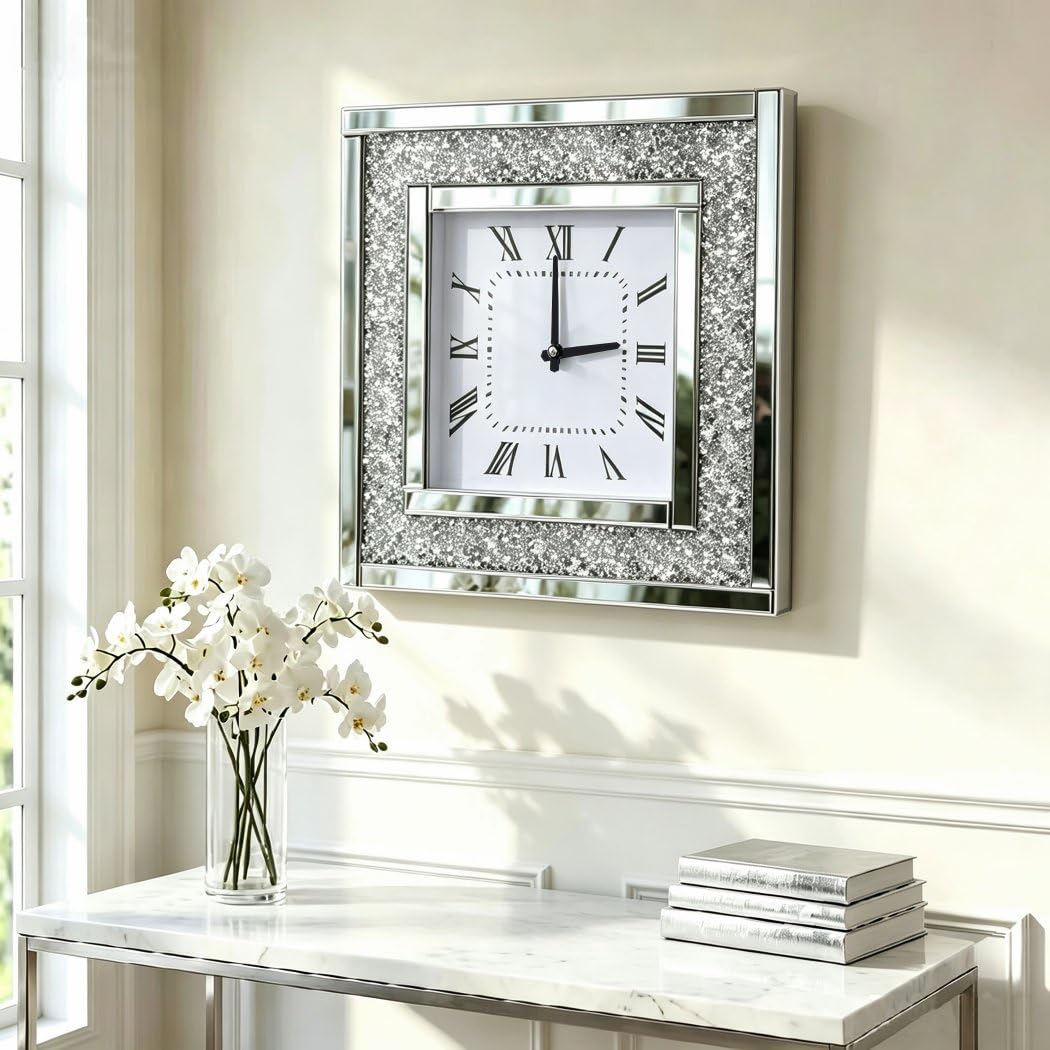 Silberne quadratische Spiegeluhr, Kristall-Glitzer, glitzernd, zerkleinerter Diamant, verspiegelt, g
