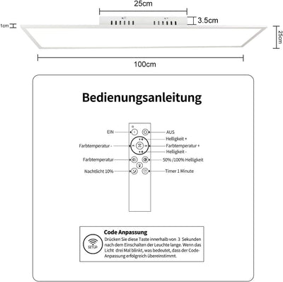 CBJKTX LED Deckenleuchte Dimmbar Panel - Flach Deckenlampe Wohnzimmer mit Fernbedienung 100x25CM Küc