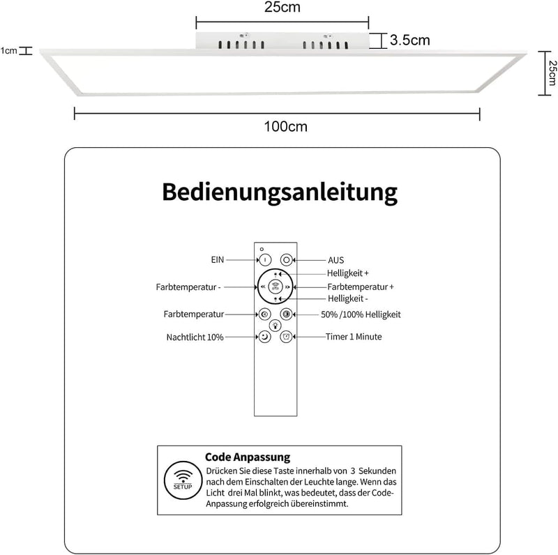 CBJKTX LED Deckenleuchte Dimmbar Panel - Flach Deckenlampe Wohnzimmer mit Fernbedienung 100x25CM Küc