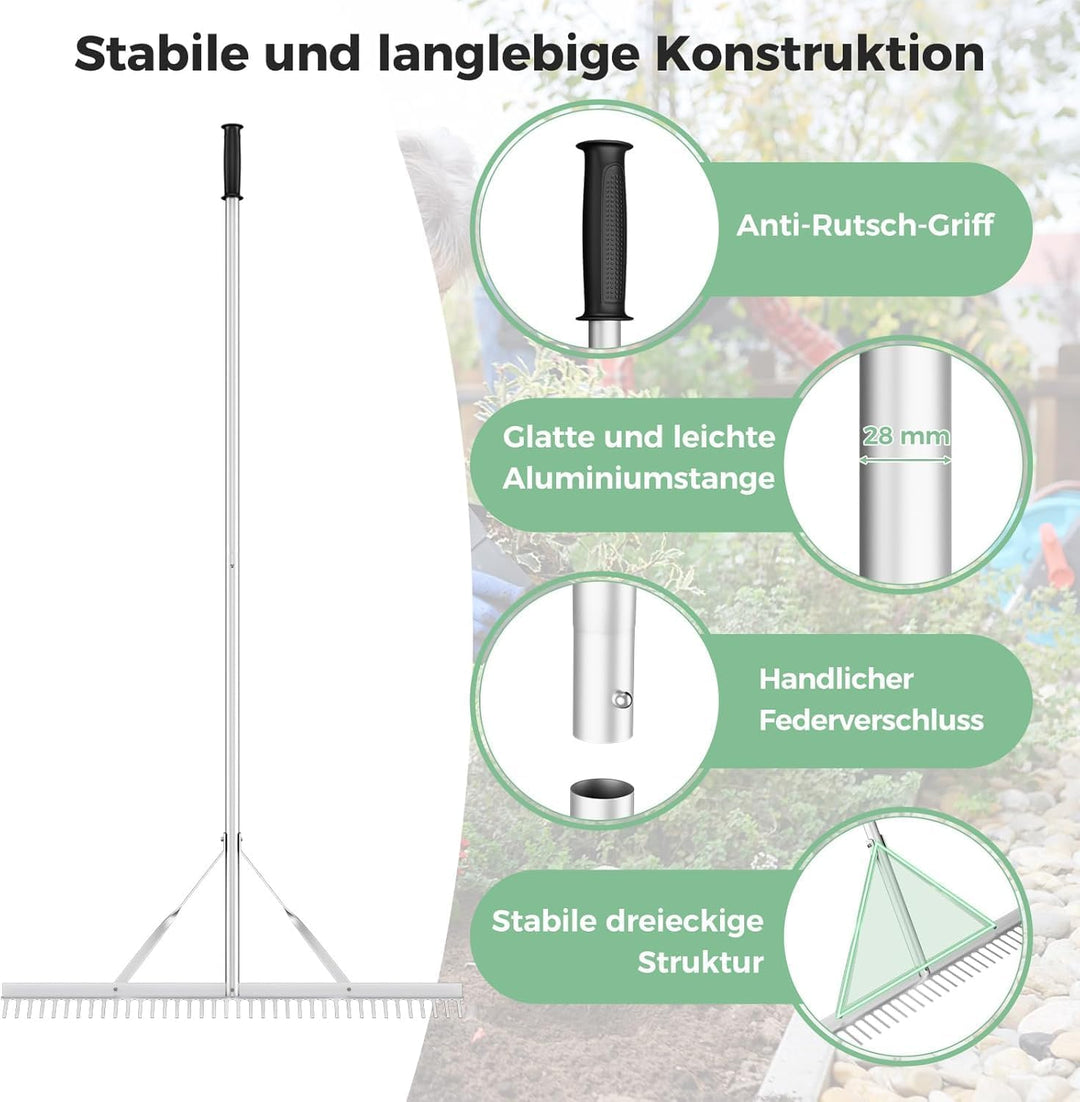 FANTASK Rechen mit langem Griff, Gartenrechen aus Aluminium mit 91 cm breitem Rechenkopf, 36 Zinken