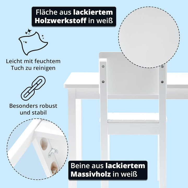 KHG Kinder-Möbelset Tisch mit 2 Stühlen weiss Landhaus für Kinderzimmer, Pflegeleichte Oberfläche, r