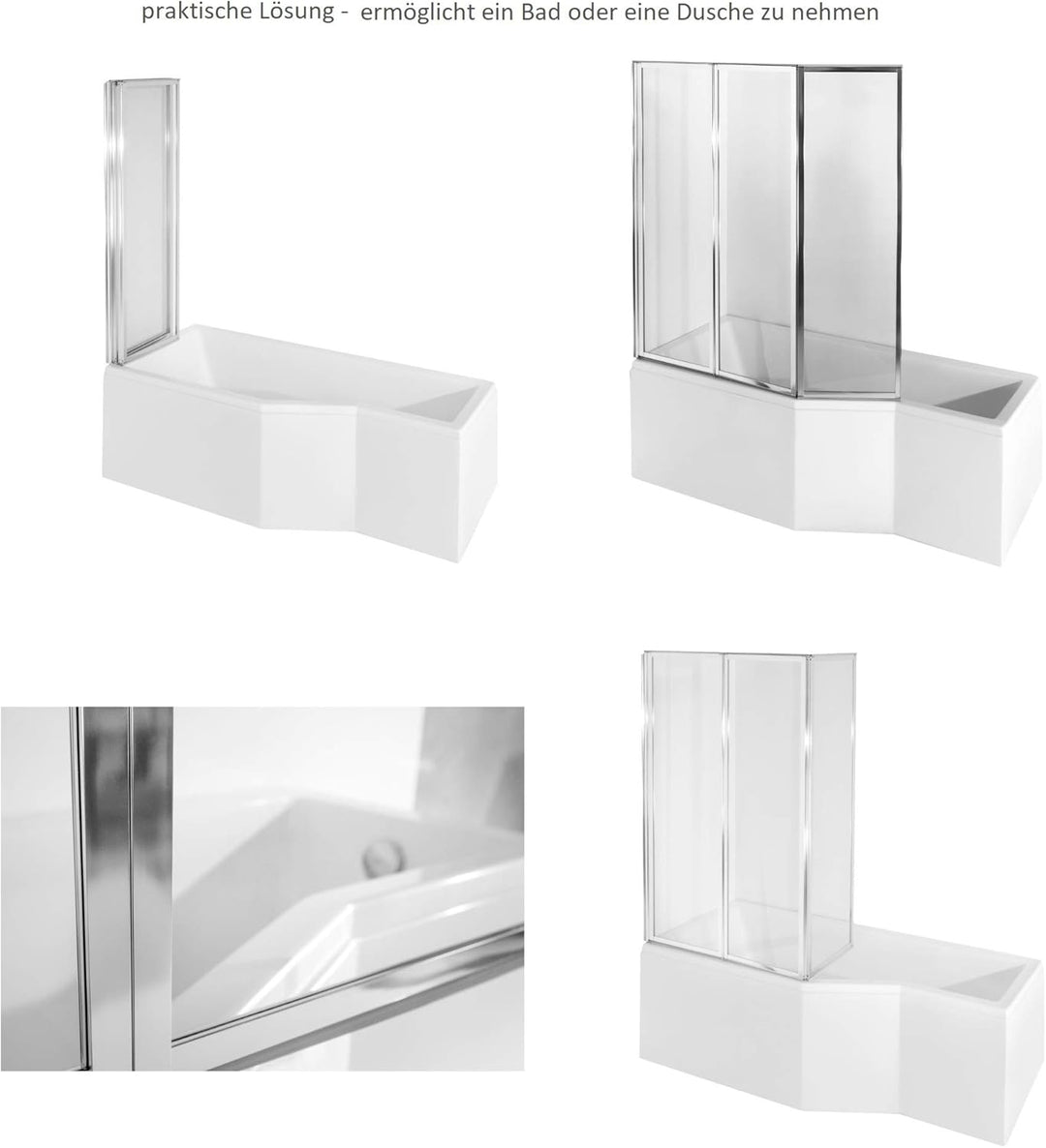 ECOLAM Duschbadewanne Set Badewanne + Badewannenabtrennung Duschwand Eckbadewanne Integra 150x75 cm