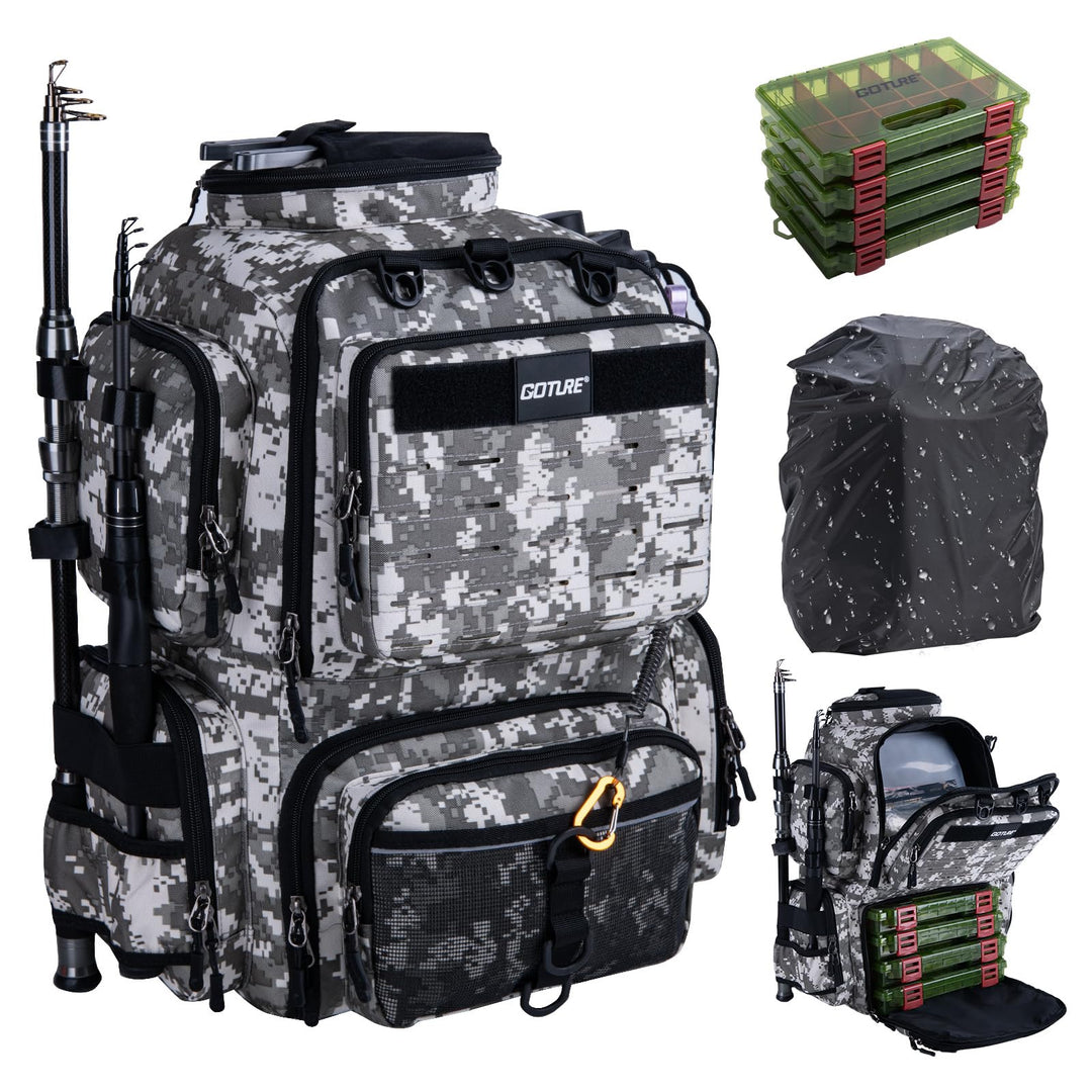 Goture Angelrucksack mit 4 Köderbox Angeln, 45-Liter Angelzubehör-Rucksack mit Zwei Rutenhaltern und