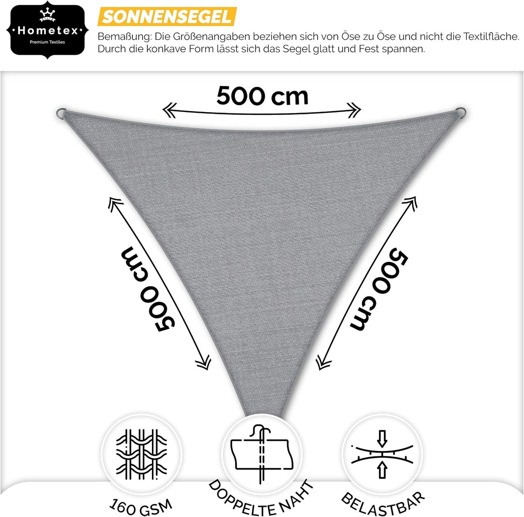 Sonnensegel 5×5×5m Dreieckig inkl. Befestigungseile | Hellgrau | Sonnenschutz ideal für Garten, Terr