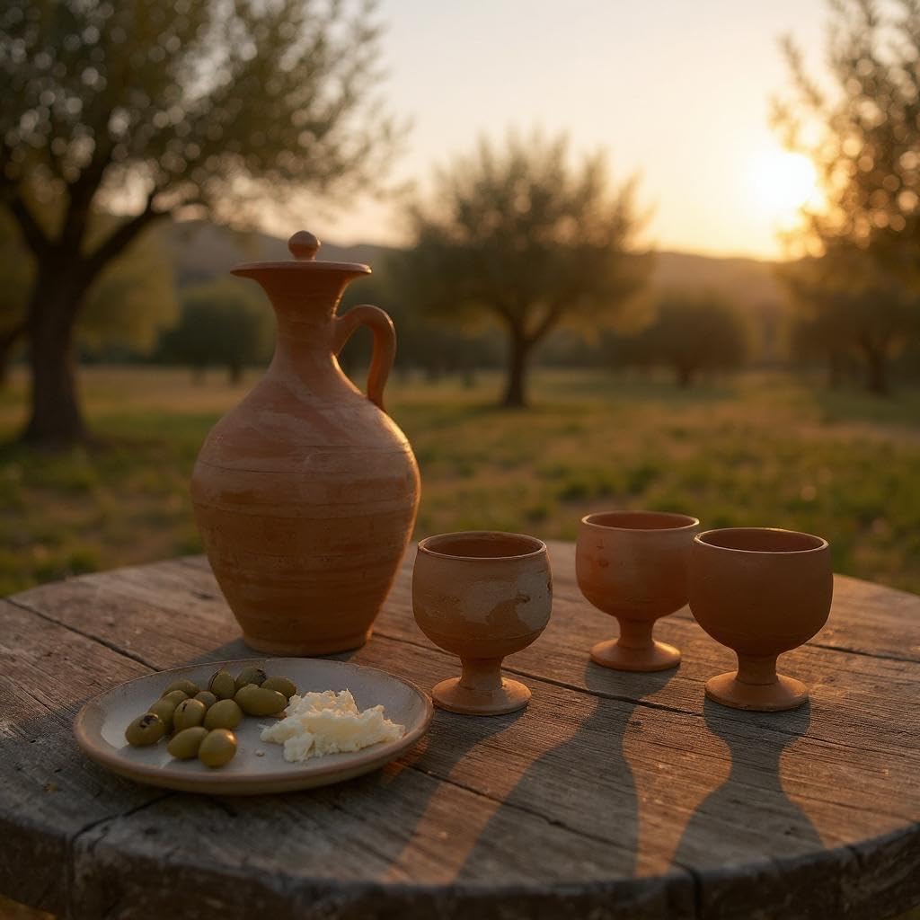 Marokkanisches Berber-Set aus Terrakotta, Krug 2,5 l mit 4 Gläsern, handgefertigt, Karaffe 31 cm mit