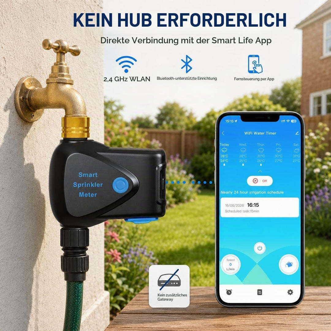 WLAN Bewässerungscomputer mit Durchflussmesser und Messinganschluss | Smart Life App-Steuerung ohne