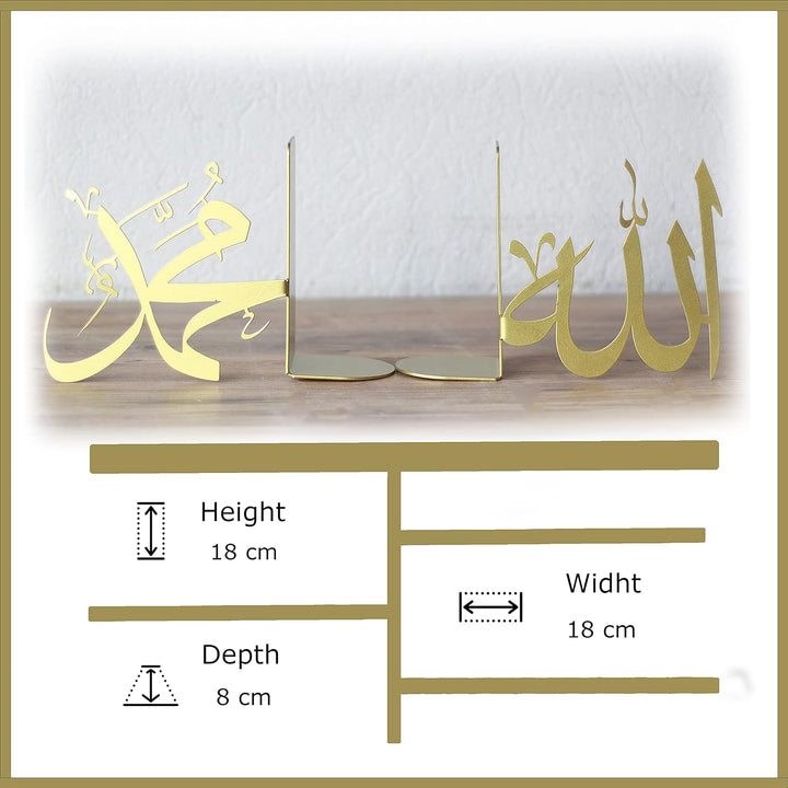 IWA Concept |Allah (SWT) und Mohammad (PBUH) Metall-Buchstütze | Heimdekoration oder islamische Deko