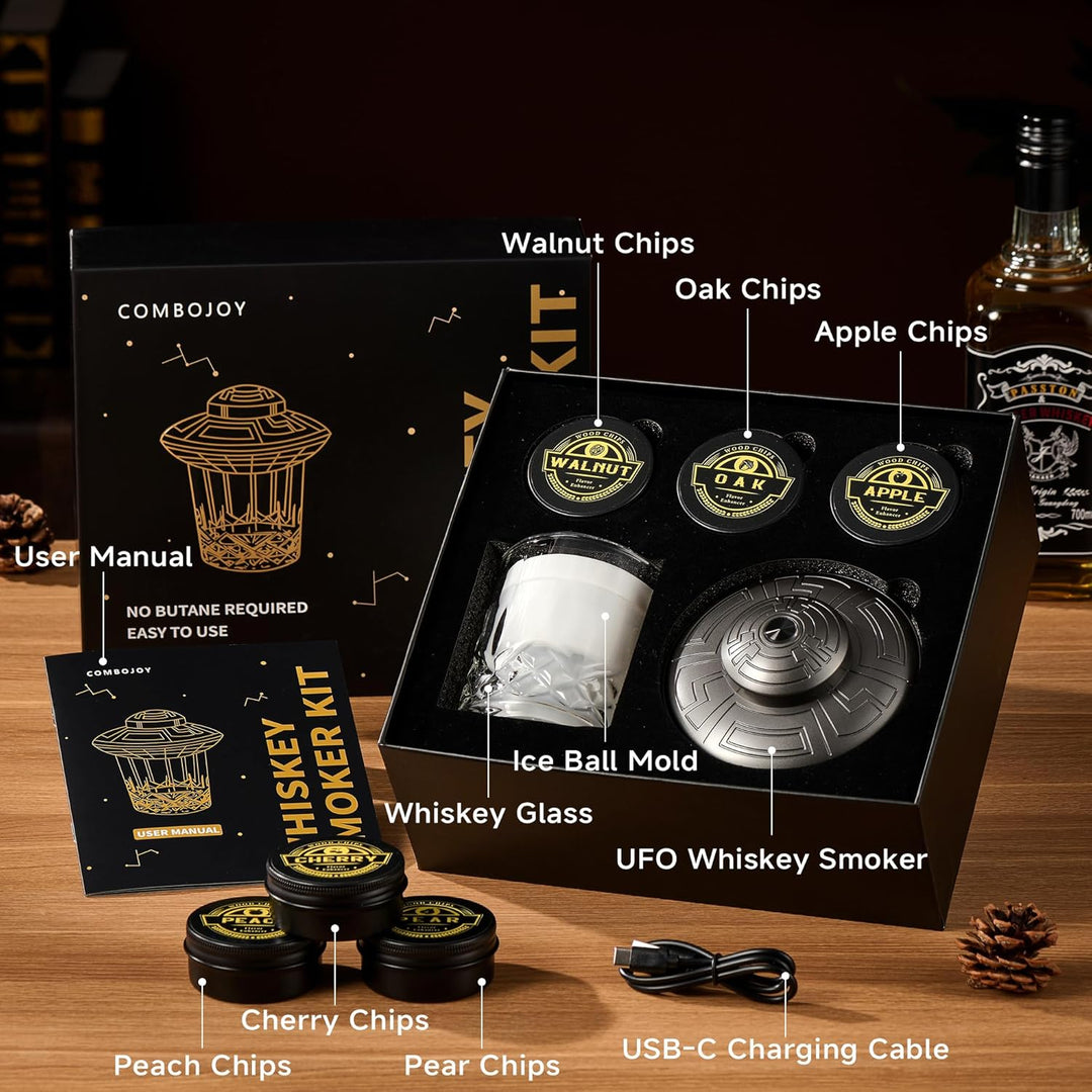 ComboJoy Elektrisches Whisky-Räucherkit mit LED, 6 Aromaholzspäne, Whisky-Glas & Eisform, wiederaufl