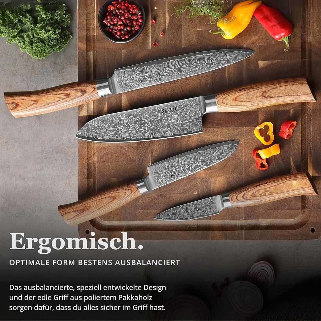 Wakoli EDIB Pro 4er Damastmesser-Set mit Messerblock mit 8-17cm Klingen gefertigt aus 67 Lagen echte