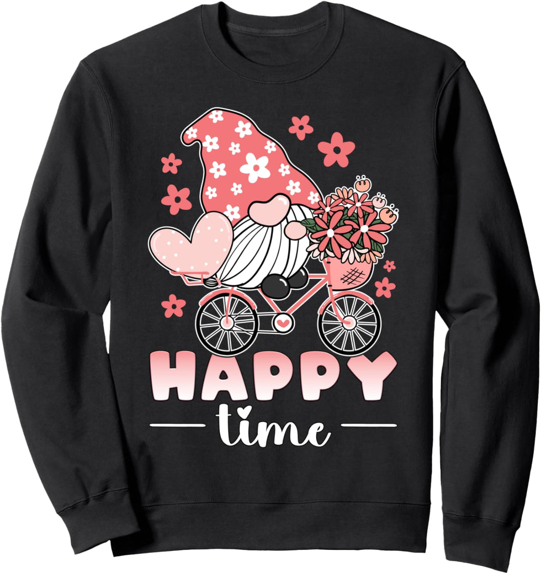 Wichtel auf Fahrrad, mit rosa Blumen und Herz Sweatshirt
