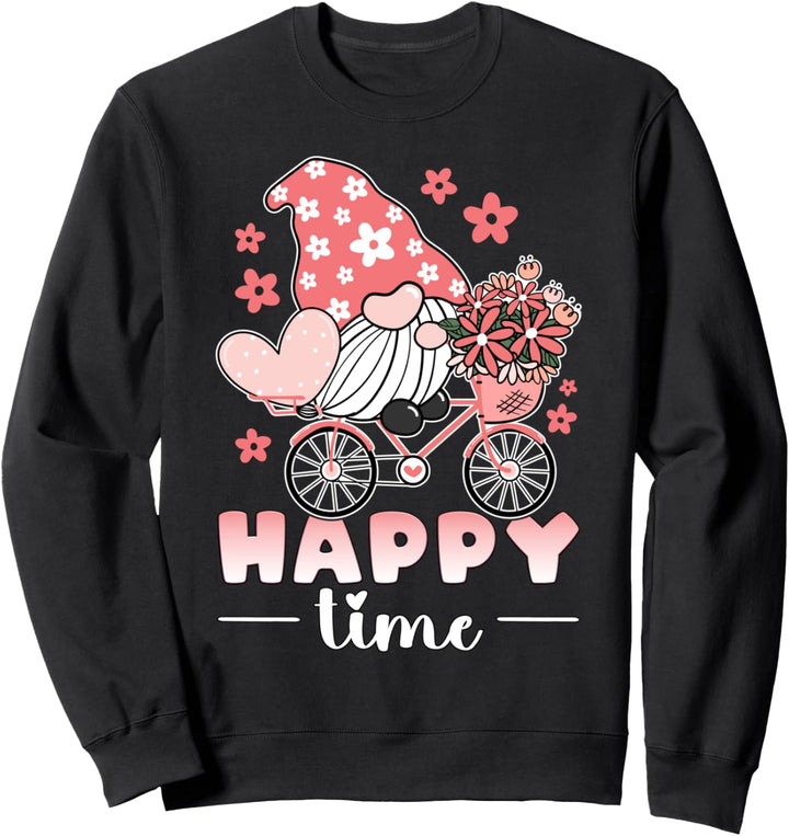 Wichtel auf Fahrrad, mit rosa Blumen und Herz Sweatshirt
