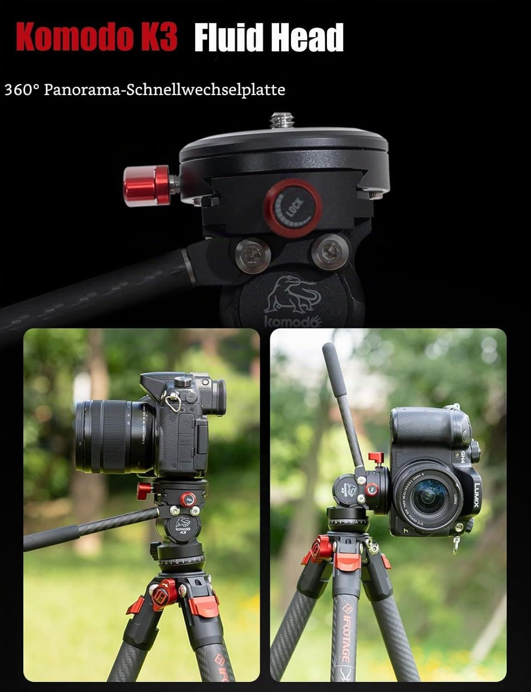 IFOOTAGE Gazelle TA3B+Komodo K3,Tragbares Aluminium Videostativ mit Panorama Video fluidkopf,Videoka