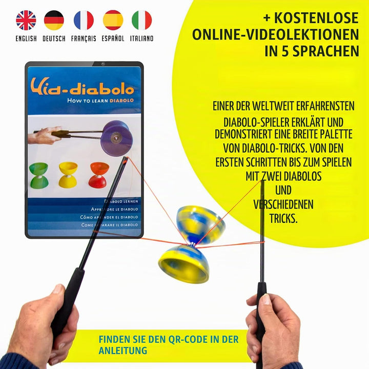 Juggle Dream Jester Diabolo Jonglierset – Fester Achse Profi-Diabolo mit Superglass-Handstäben, Onli