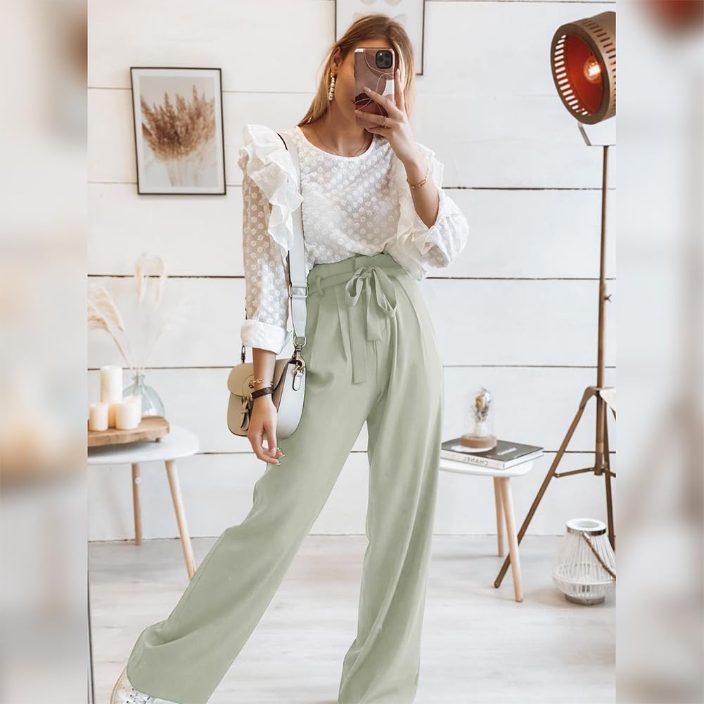 Odizli Damen Elegant High Waist Lang Weite Hose Sommer Business Festlich Anzughose mit Gürtel S Hell