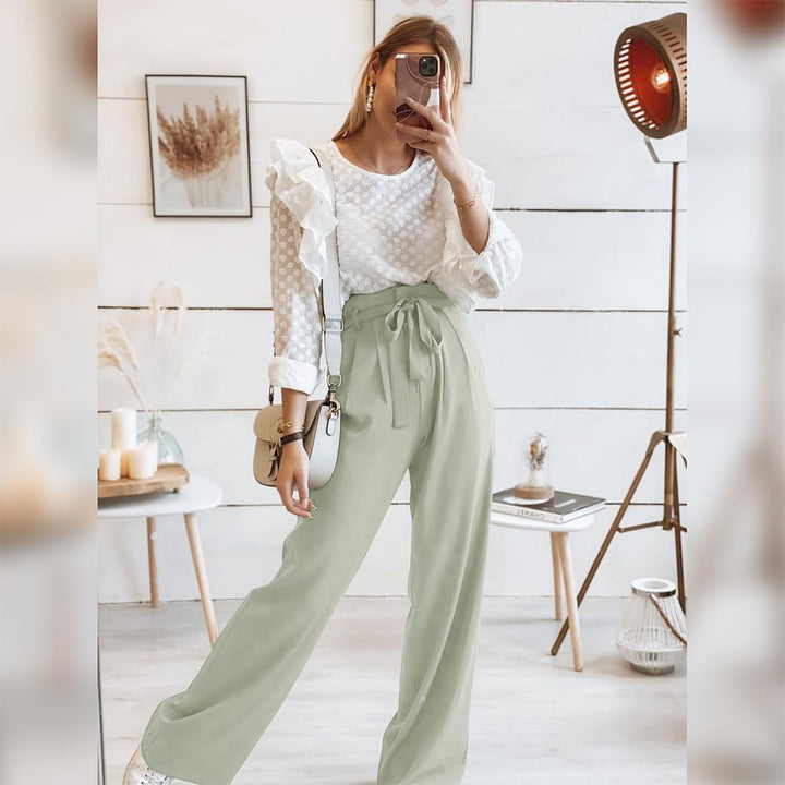 Odizli Damen Elegant High Waist Lang Weite Hose Sommer Business Festlich Anzughose mit Gürtel S Hell