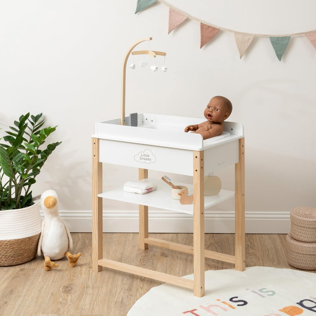 ELLA & PIET® Puppenwickeltisch Splashy mit Badewanne und Mobile aus Holz (Weiss-Schlamm) Puppenwanne