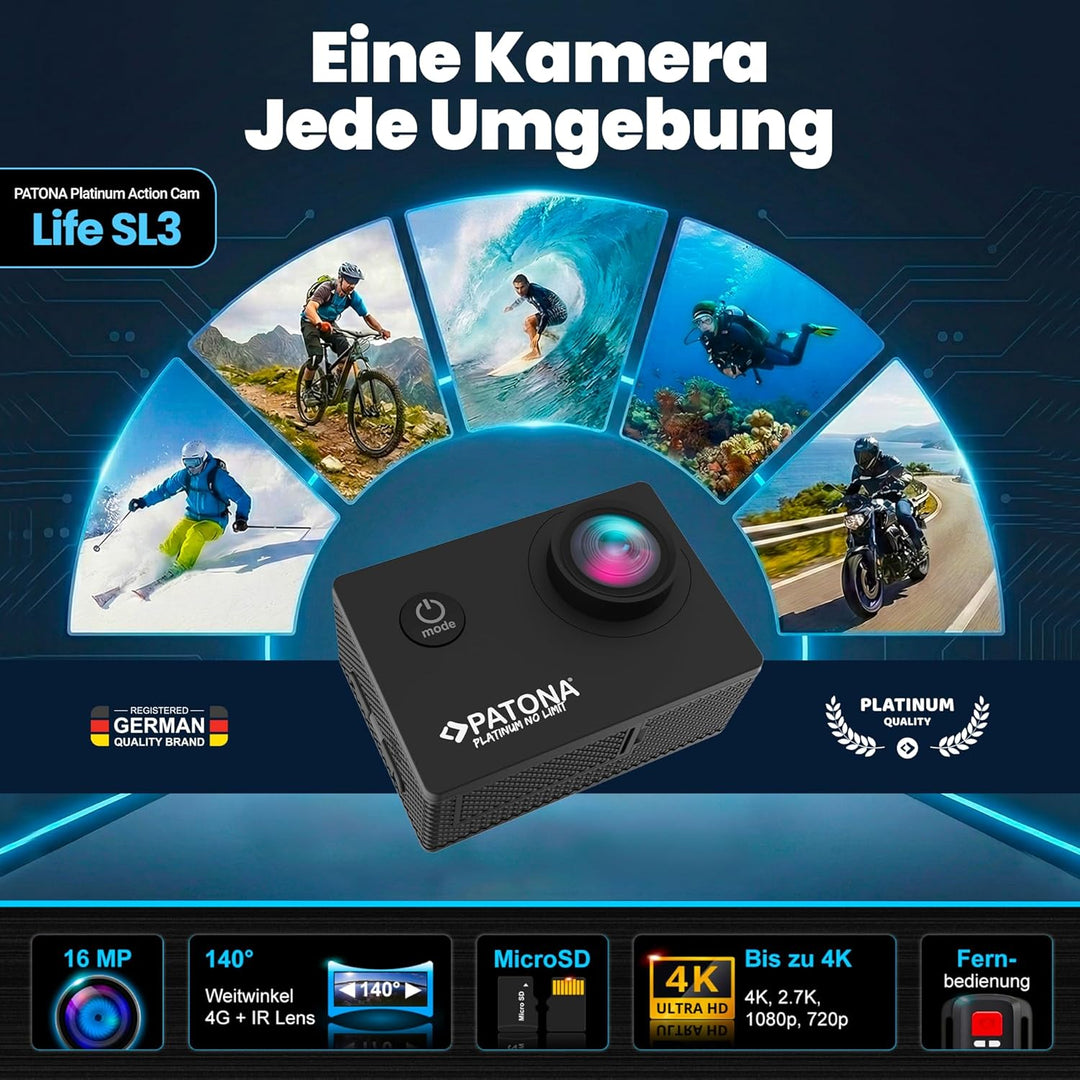 PATONA Action Cam Life SL3 | 4K 120fps 16MP EIS | 120° Weitwinkel Videokamera | Dual Screen Kamera |