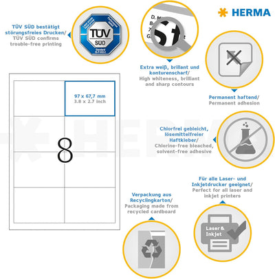 HERMA 4624 Versandetiketten, 200 Blatt, 97 x 67,7 mm, 8 Stück pro A4 Bogen, 1600 Aufkleber, selbstkl