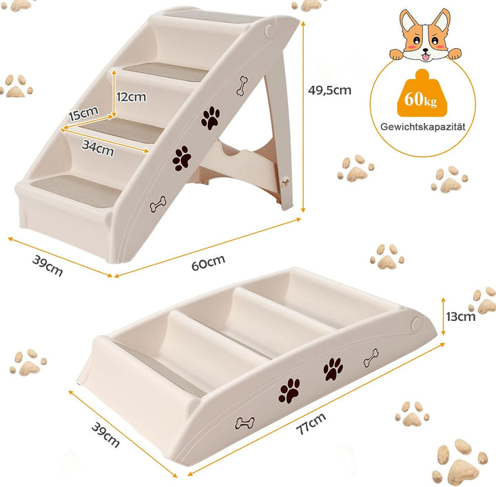 GOPLUS Hundetreppe mit 4 Stufen, Tragbare Tiertreppe aus Kunststoff, Klappbare Treppe für Haustiere,