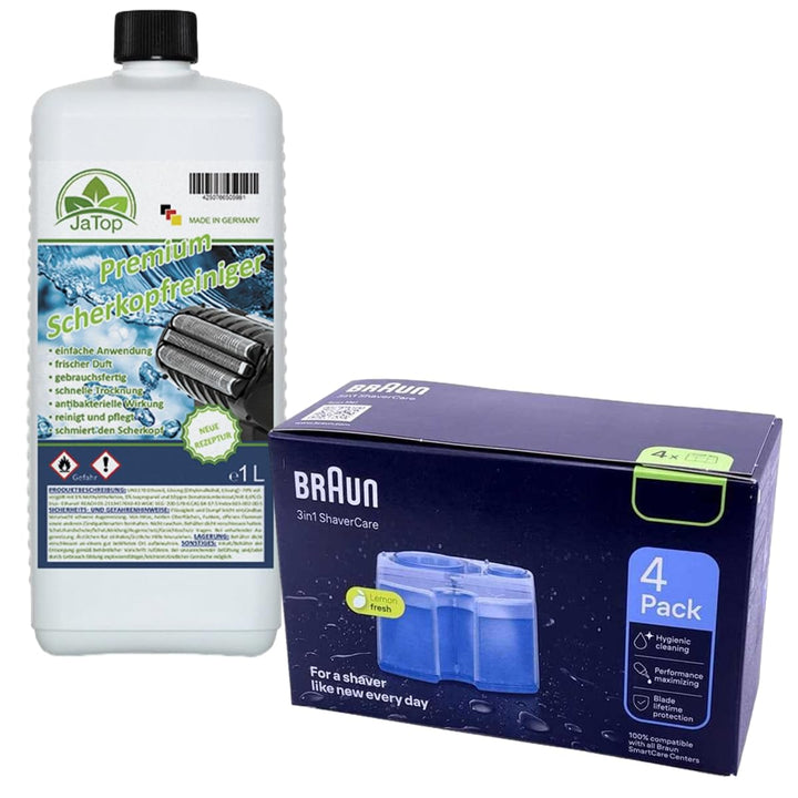 4 Stück Original Braun Clean + Renew CCR Kartuschen Neues Design + 1l JaTop Nachfüllung passend für