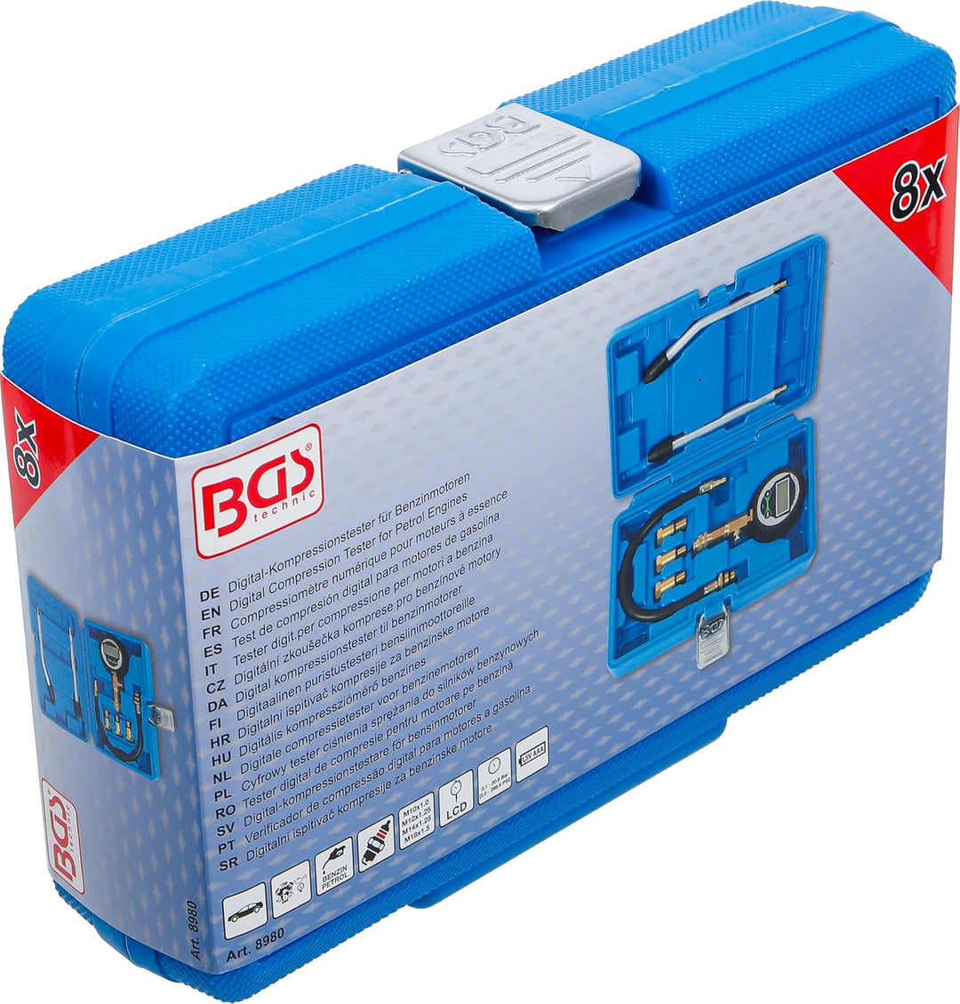 BGS 8980 | Digital-Kompressionstester für Benzinmotoren | 7-tlg. | Kompressionsprüfer-Satz | Kompres